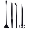 A set of stainless steel aquarium plant trimming tools including a long needle and pair of scissors.