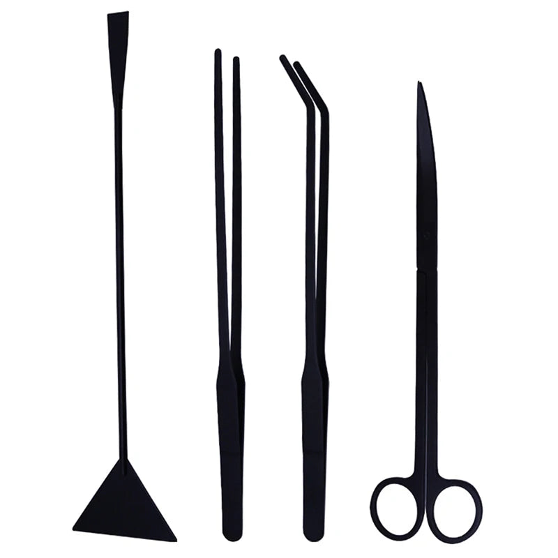 A set of stainless steel aquarium plant trimming tools including a long needle and pair of scissors.