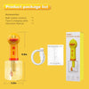 Dispensador de burbujas de baño amarillo con base transparente y cable de carga blanco, junto a la caja del producto.