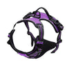 A purple and black adjustable no-pull dog harness with reflective strips and a handle.