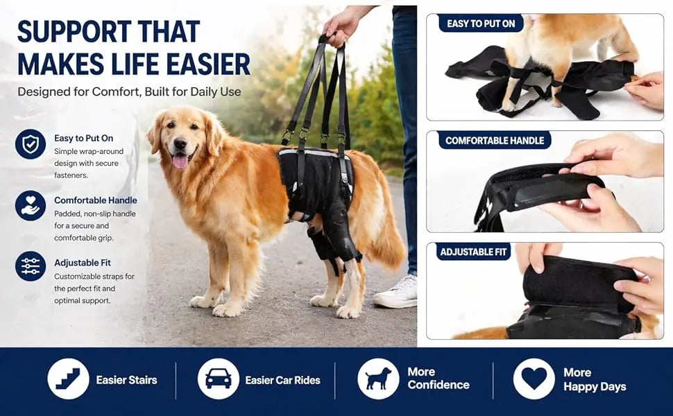 A dog wearing a black harness designed to support the rear legs, shown alongside features for comfort and ease of use.
