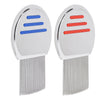 A pair of stainless steel lice removal combs, one blue and one red, with fine teeth.
