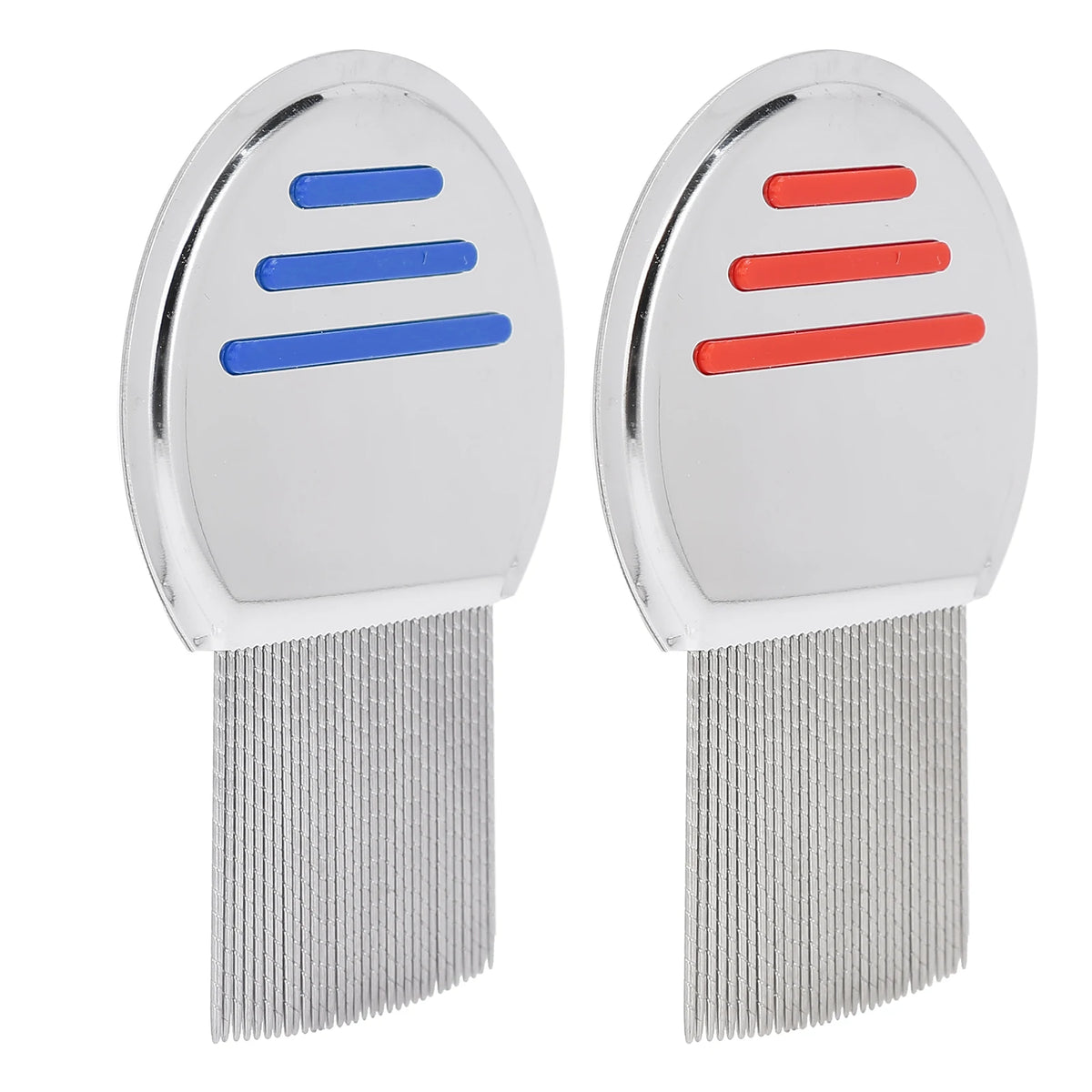 A pair of stainless steel lice removal combs, one blue and one red, with fine teeth.