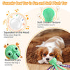 A green squeaky plush dog toy with realistic eyes is shown next to a puppy.