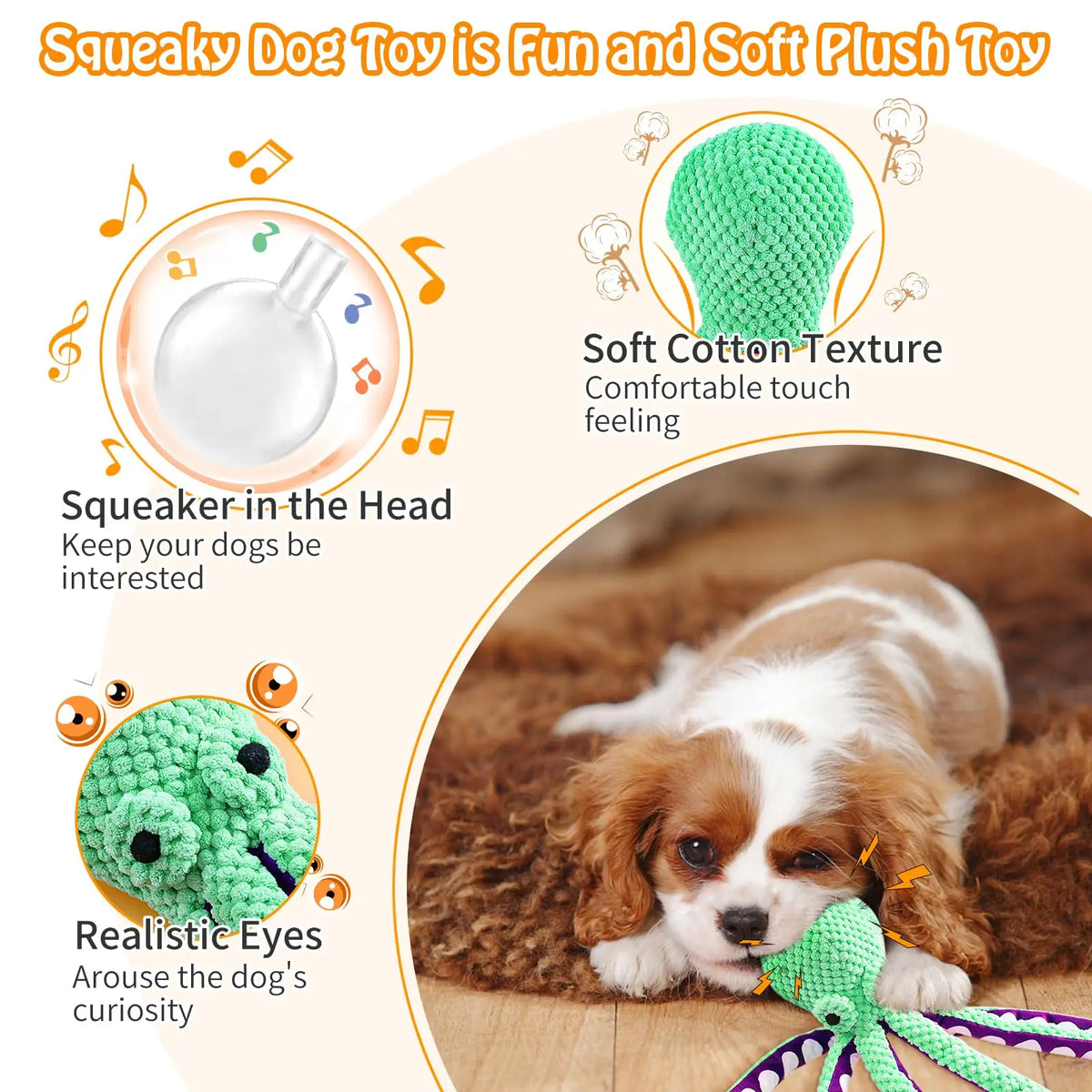 A green squeaky plush dog toy with realistic eyes is shown next to a puppy.
