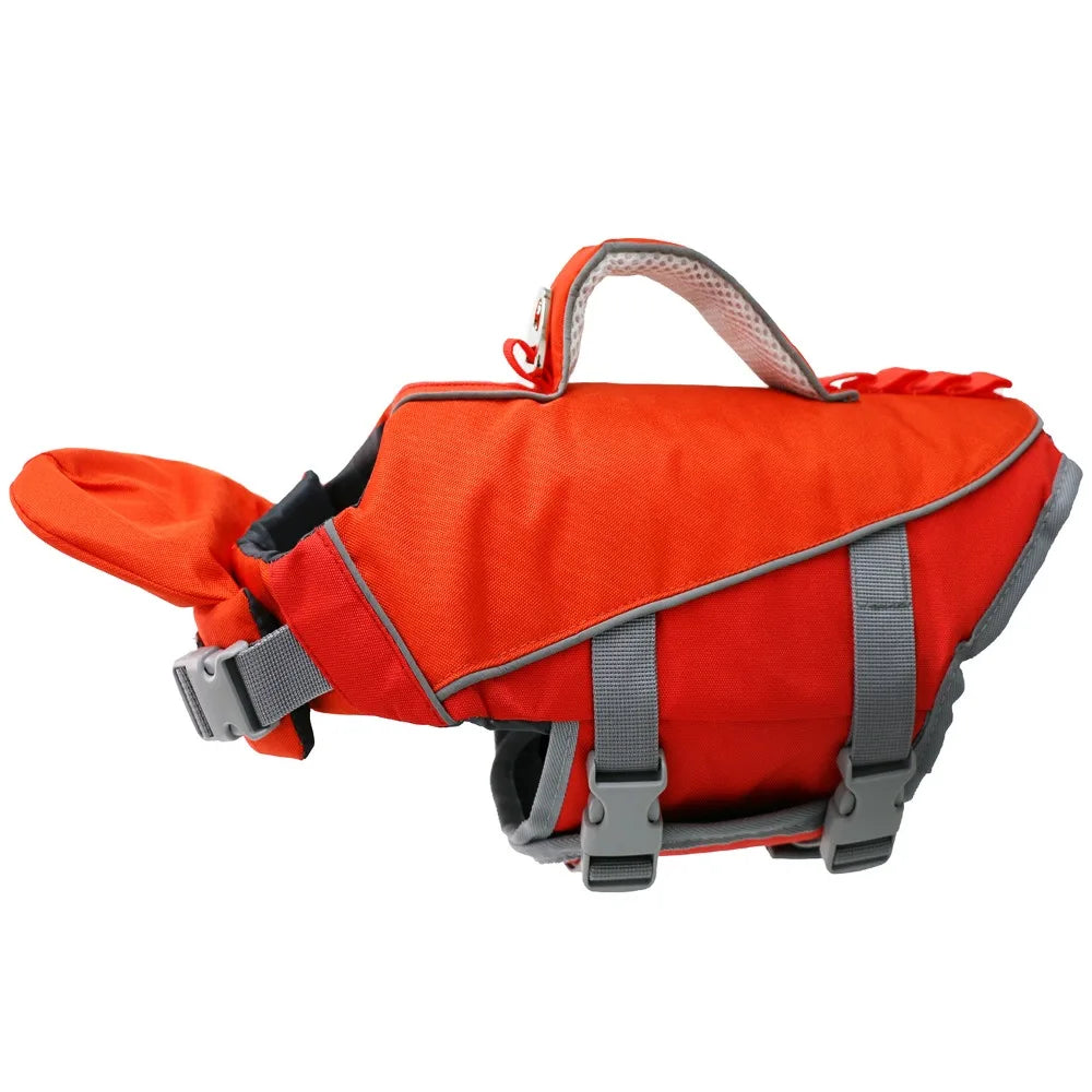 Orange and gray reflective dog life jacket designed for water sports.