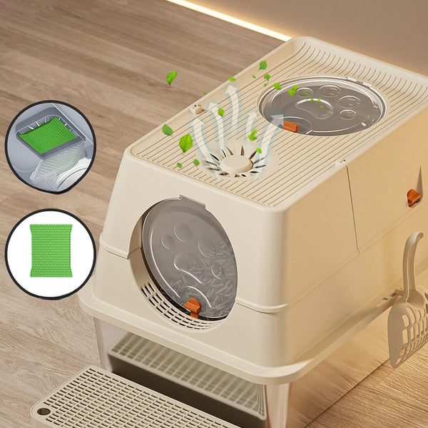 A beige cat litter box with a stainless steel flip-top lid and surrounding components shown with close-up views.