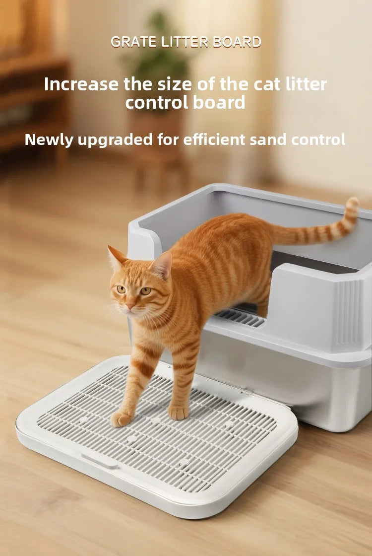 An orange tabby cat standing on a white dual-layer cat litter mat with an anti-slip base.