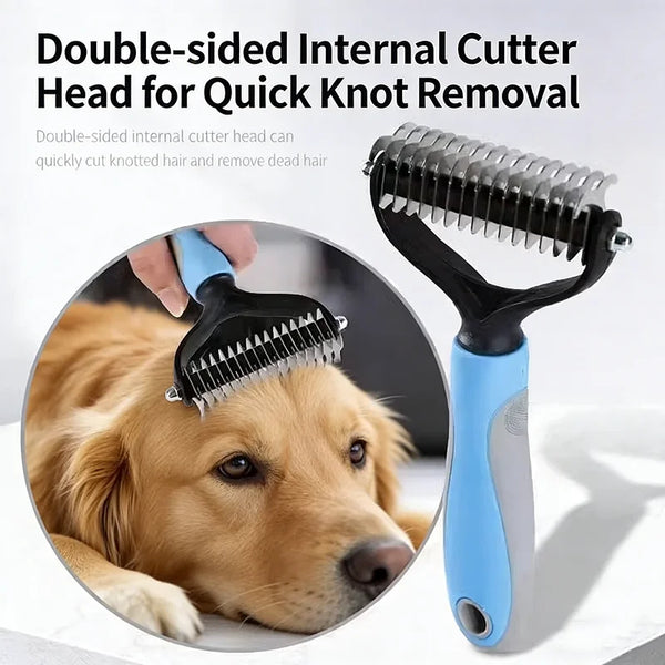 A blue double-sided internal cutter head for quick knot removal is shown next to a dog's head.