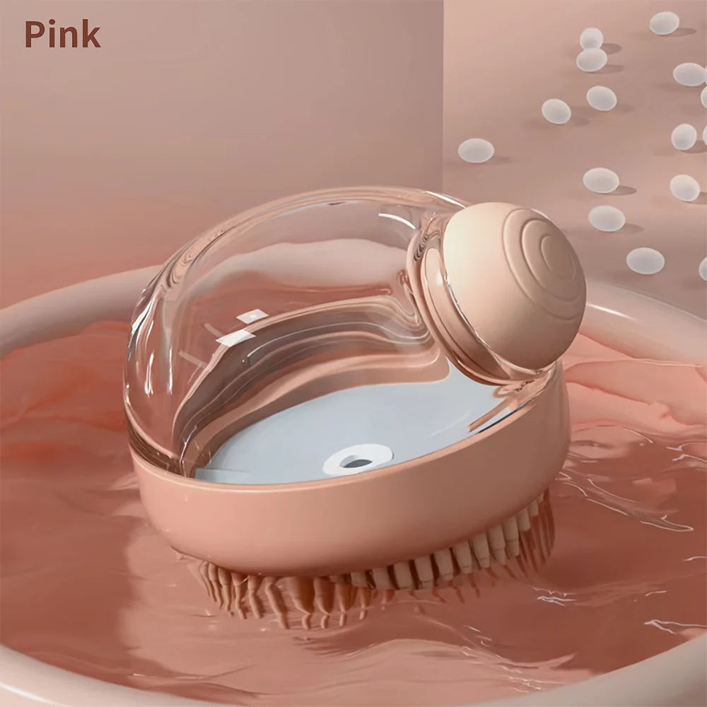 A pink pet bath brush with a clear dispenser is shown submerged in water.