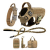 A set of tan durable dog harness, leash, and small pouch for training and walking.