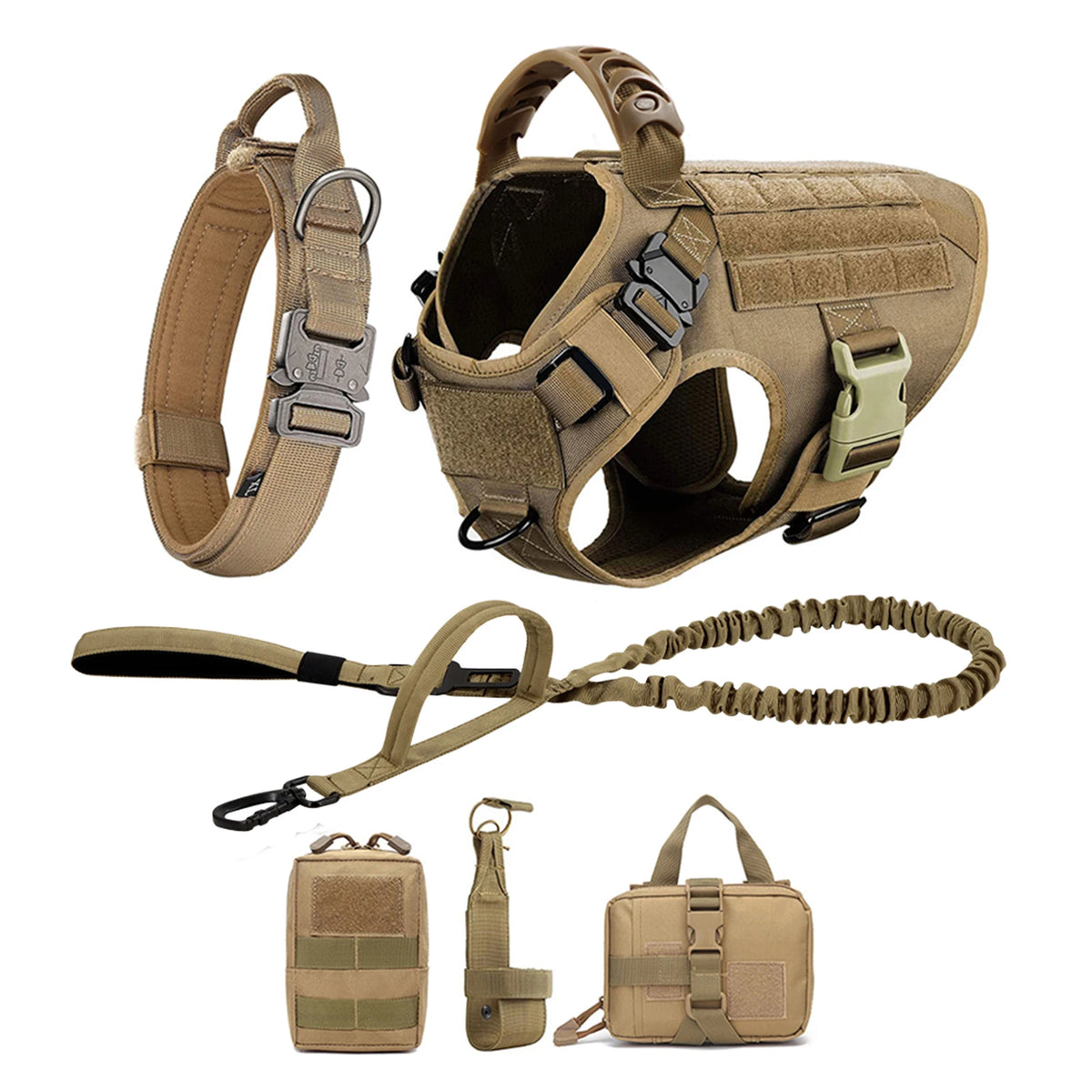 A set of tan durable dog harness, leash, and small pouch for training and walking.
