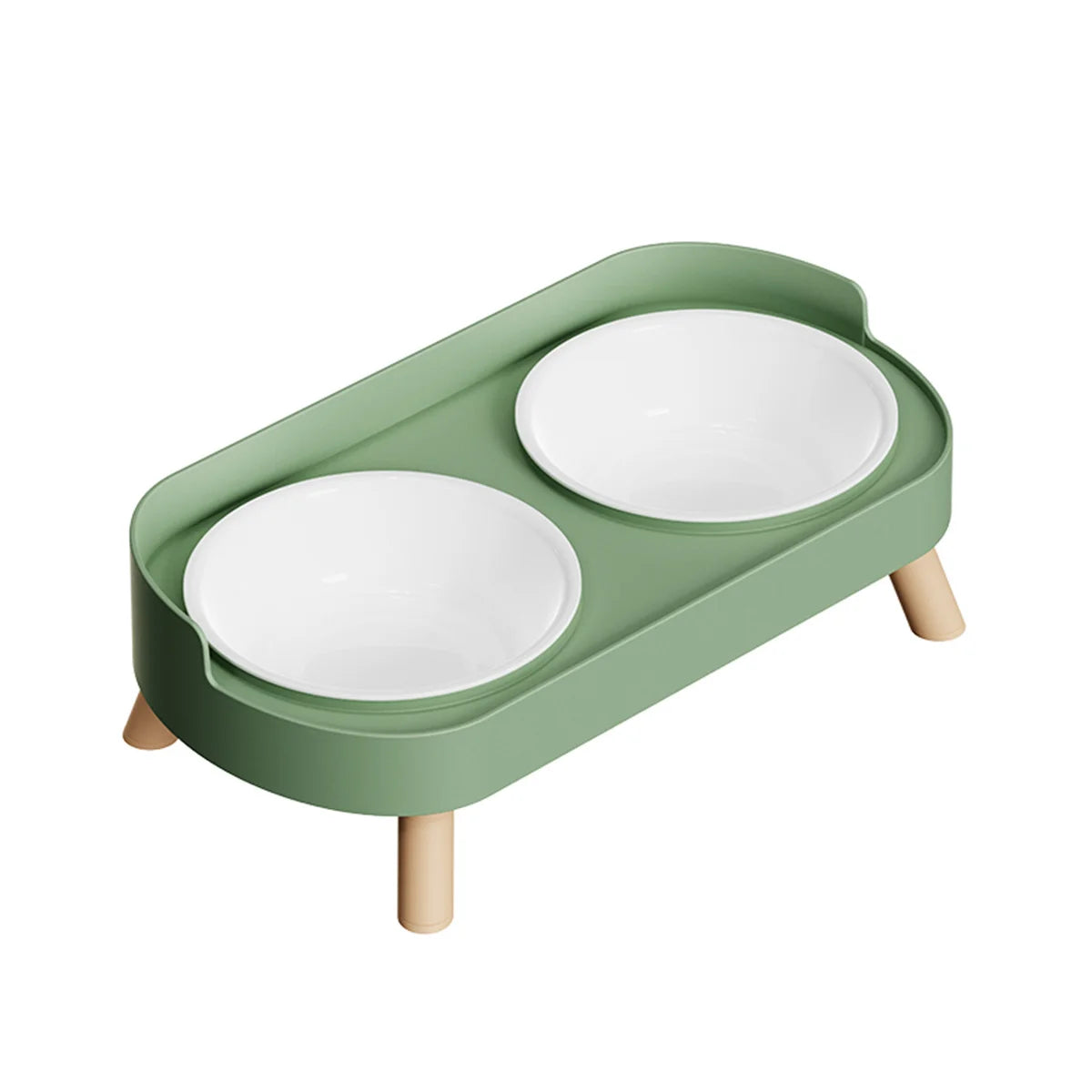 A light green stainless steel double bowl for dogs and cats with wooden legs.