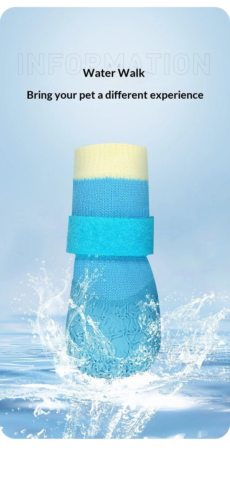 A yellow and blue waterproof anti-slip dog boot is shown splashing water in the ocean.