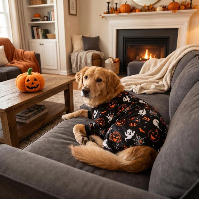 A golden retriever wearing a black and orange Halloween costume pajama is relaxing on a gray sofa.
