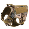 A tan and brown camouflage dog harness with a padded chest strap and buckle is shown.