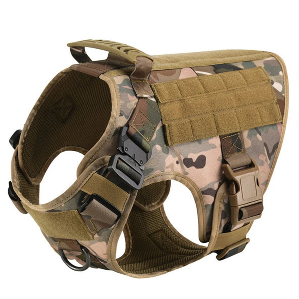 A tan and brown camouflage dog harness with a padded chest strap and buckle is shown.