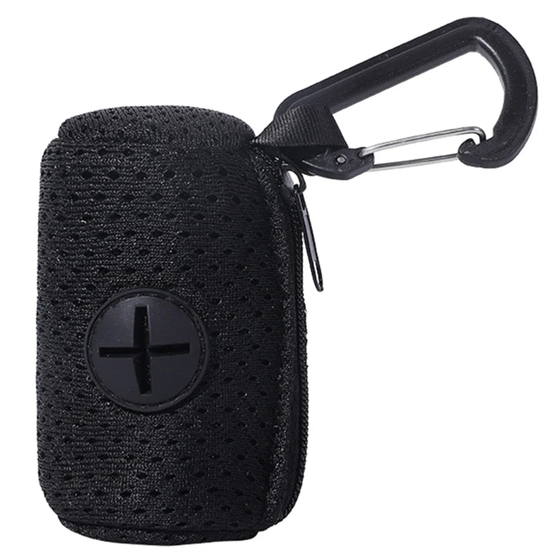 Black reusable dog poop bags with a clip closure and a plus sign emblem