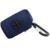 Navy blue pet waste bag dispenser featuring a mesh pouch and a black leash clip.