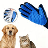 Blue pet grooming gloves with a white hair remover tool shown next to a dog and a cat.