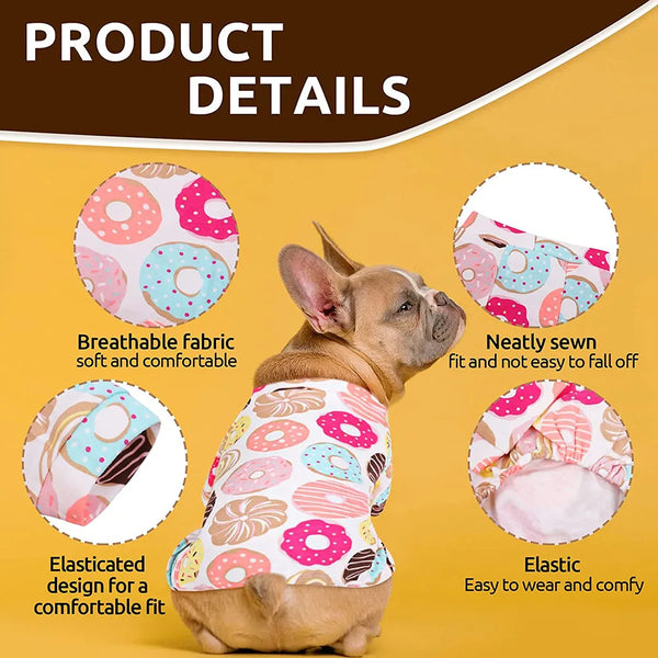 A brown dog wearing a pink patterned breathable fabric onesie for pets