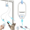 Katzenspielzeug mit ausziehbarer Mechanik, Griff und blauem Pfotenabdruck-Knopf.