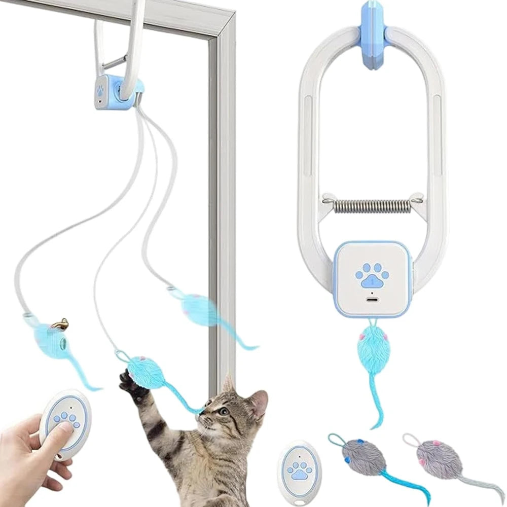 Katzenspielzeug mit ausziehbarer Mechanik, Griff und blauem Pfotenabdruck-Knopf.