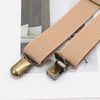 Tan woven suspenders with brass clip-on buckles shown against a white background.