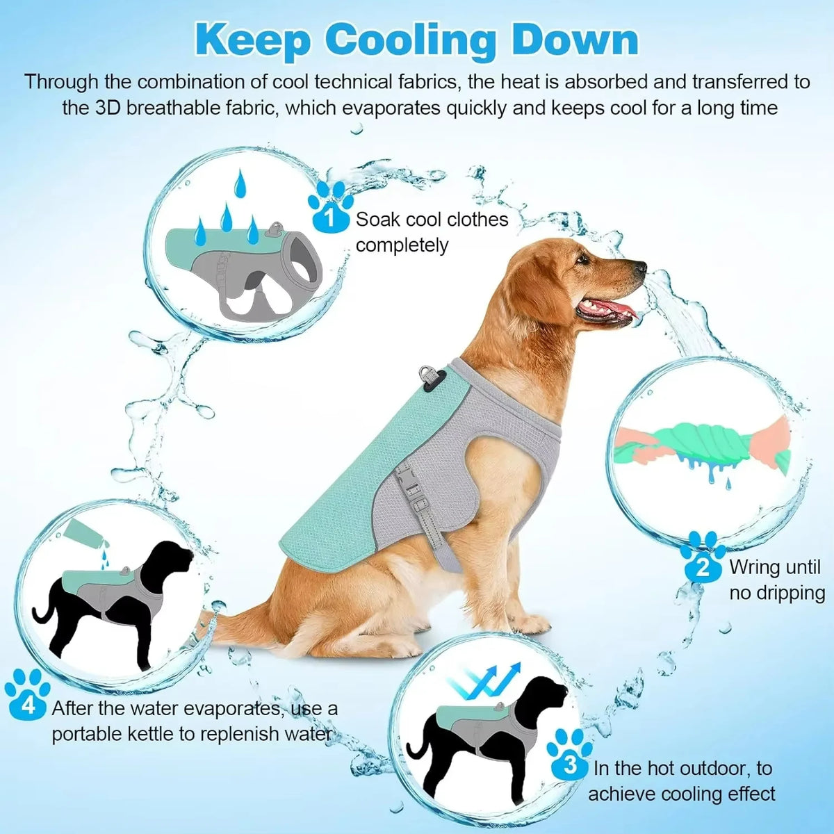 A dog wearing a light green evaporative cooling vest, demonstrating its use for cooling in hot weather.