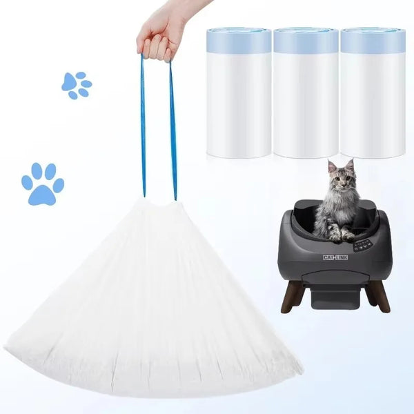 A white cat litter box liner is shown alongside several blue cylindrical liners and a gray litter box.