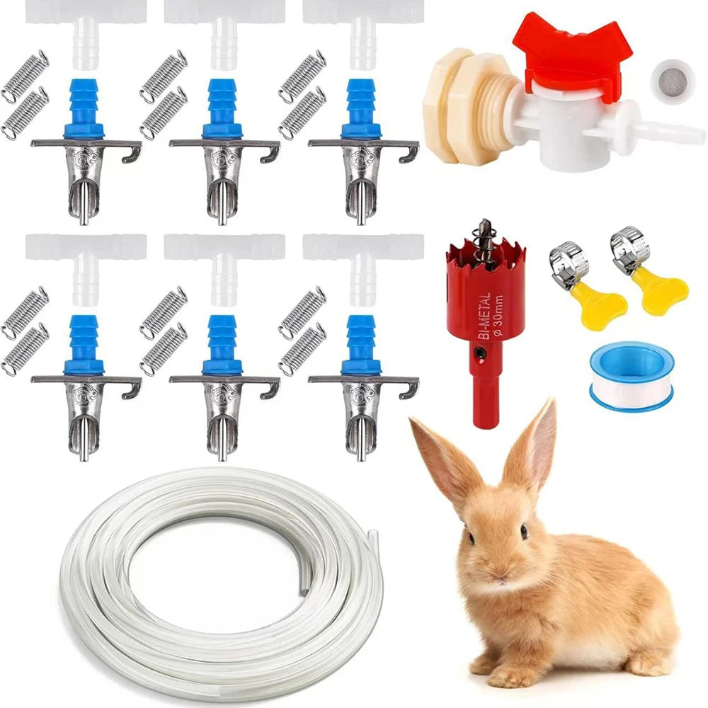 Automatic rabbit drinking nipple waterer kit with multiple nipples and a coiled tubing