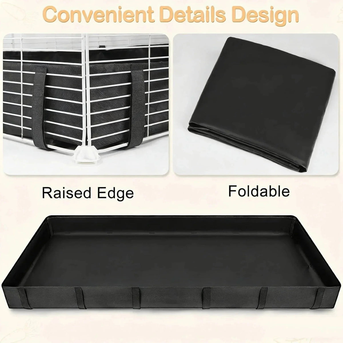 Black PVC cage liner with raised edges and a foldable design for small pets