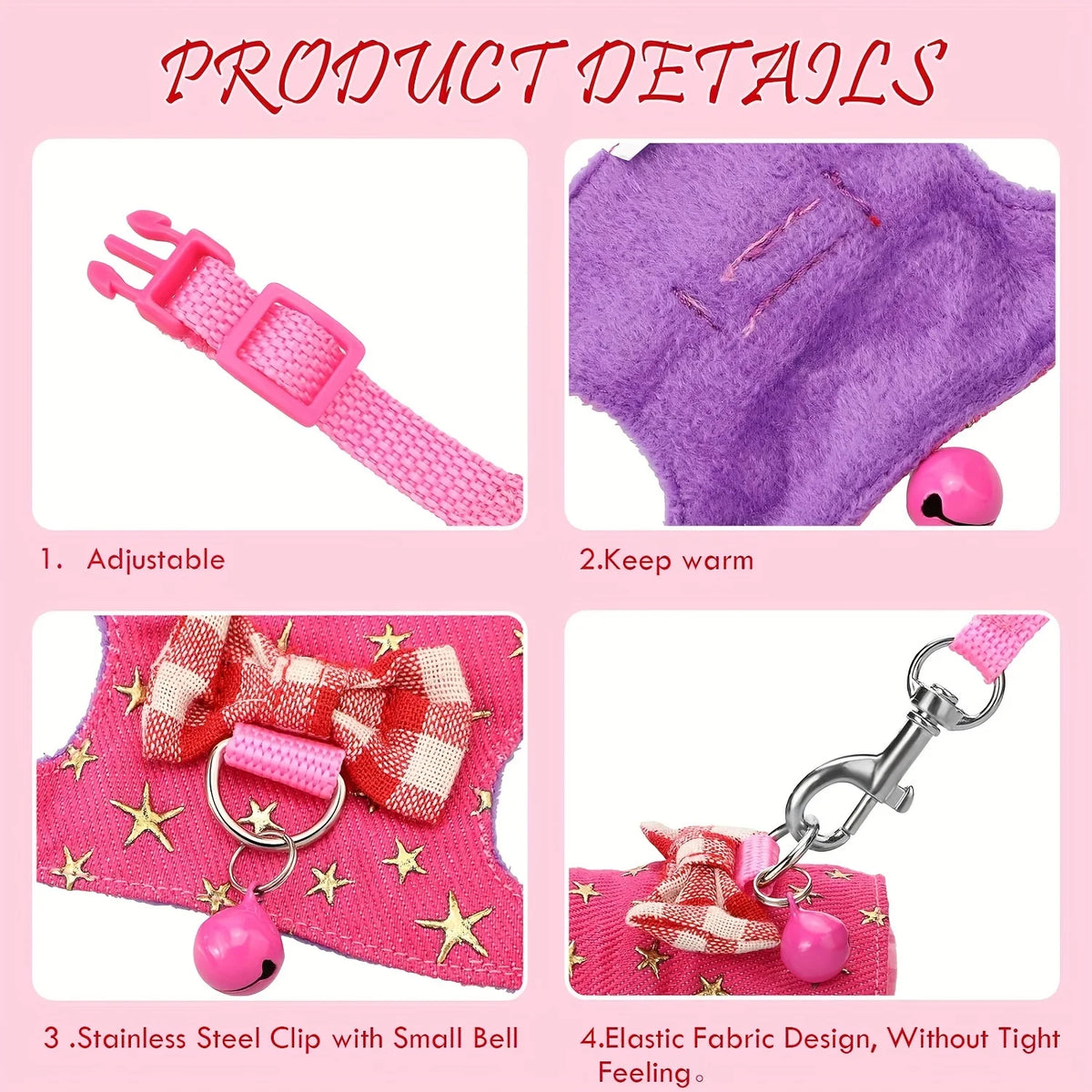 Rosa elastisches Stoffgeschirr und Leine-Set für Hamster mit verstellbarem Design und Edelstahlclip.