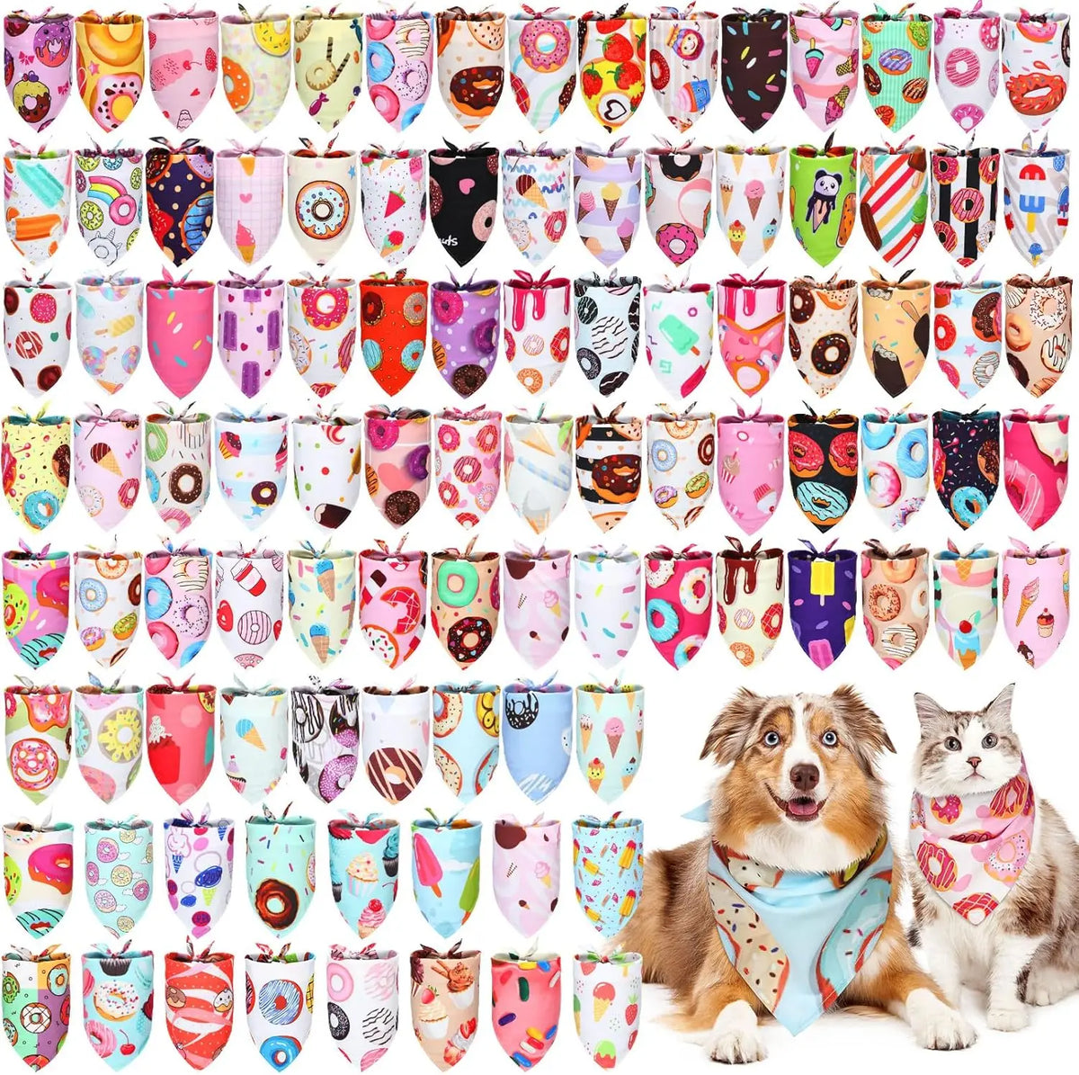 A collection of 100 donut print dog bandanas in various holiday designs and colors.