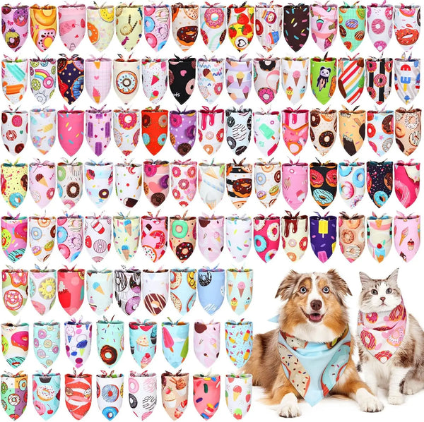 A collection of 100 donut print dog bandanas in various holiday designs and colors.