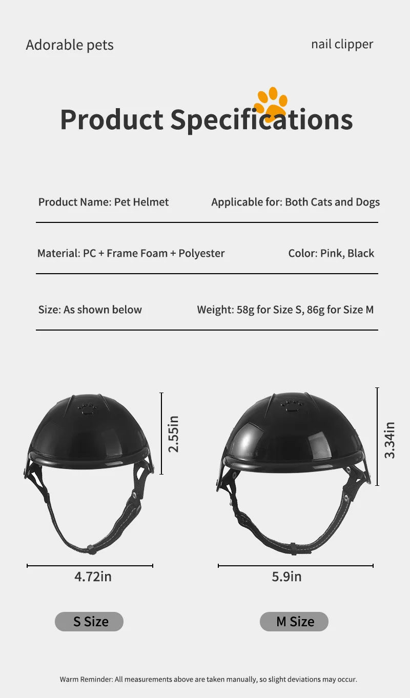 Casco de seguridad ajustable negro para mascotas (perros y gatos), vista lateral