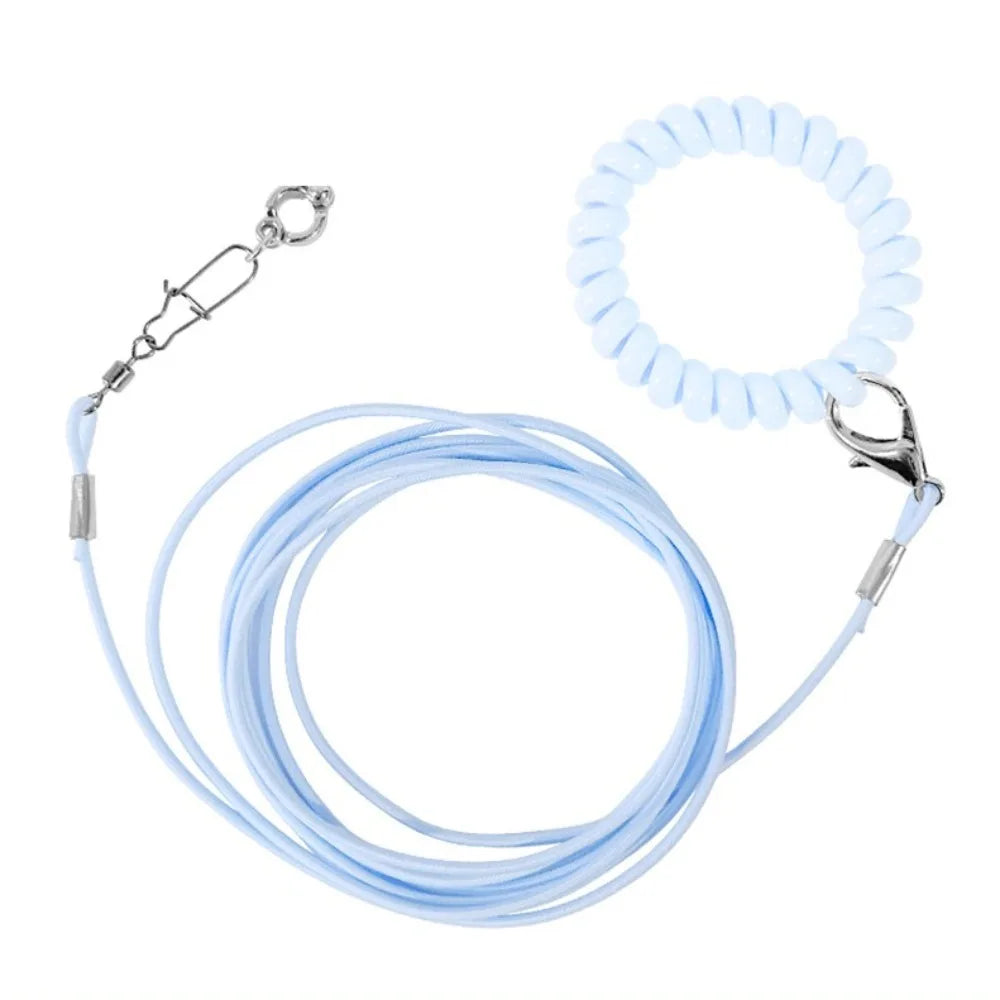A light blue adjustable traction rope with a loop and a handle for safe bird handling.