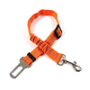 Orange reflective dog seat belt with an adjustable nylon harness and metal clip.