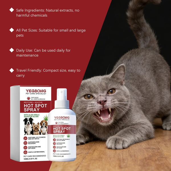 A bottle of YEGBONG Hot Spot Spray for pets next to a cat, highlighting its use for soothing itchy skin.