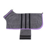 A gray microfiber dog robe with black stripes and a purple trim.