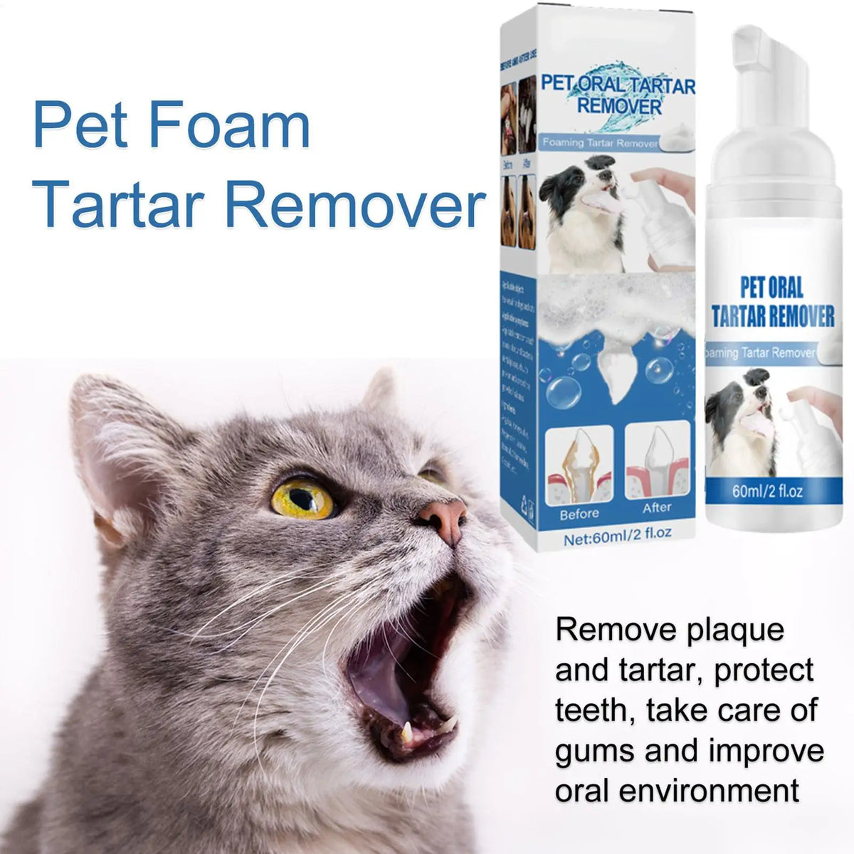Box of Pet Oral Tartar Remover foam for dogs and cats with usage instructions