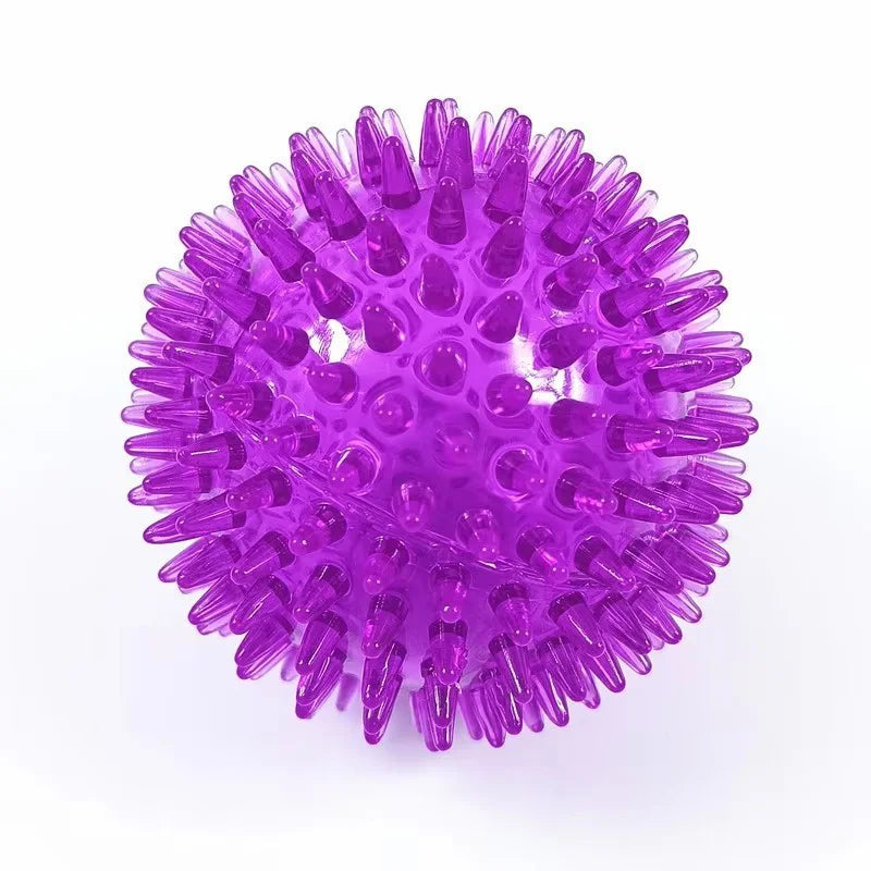 A purple, spiky squeaky dog ball designed for teeth cleaning and play.