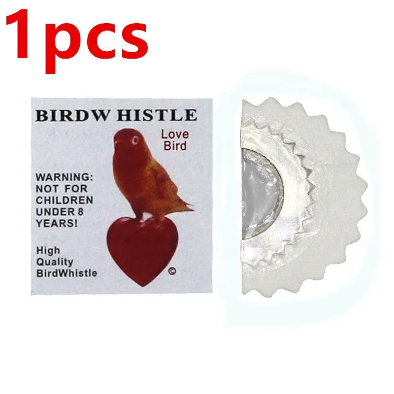 One piece of a BirdWhistle product featuring a red bird silhouette on a label and a white whistle.