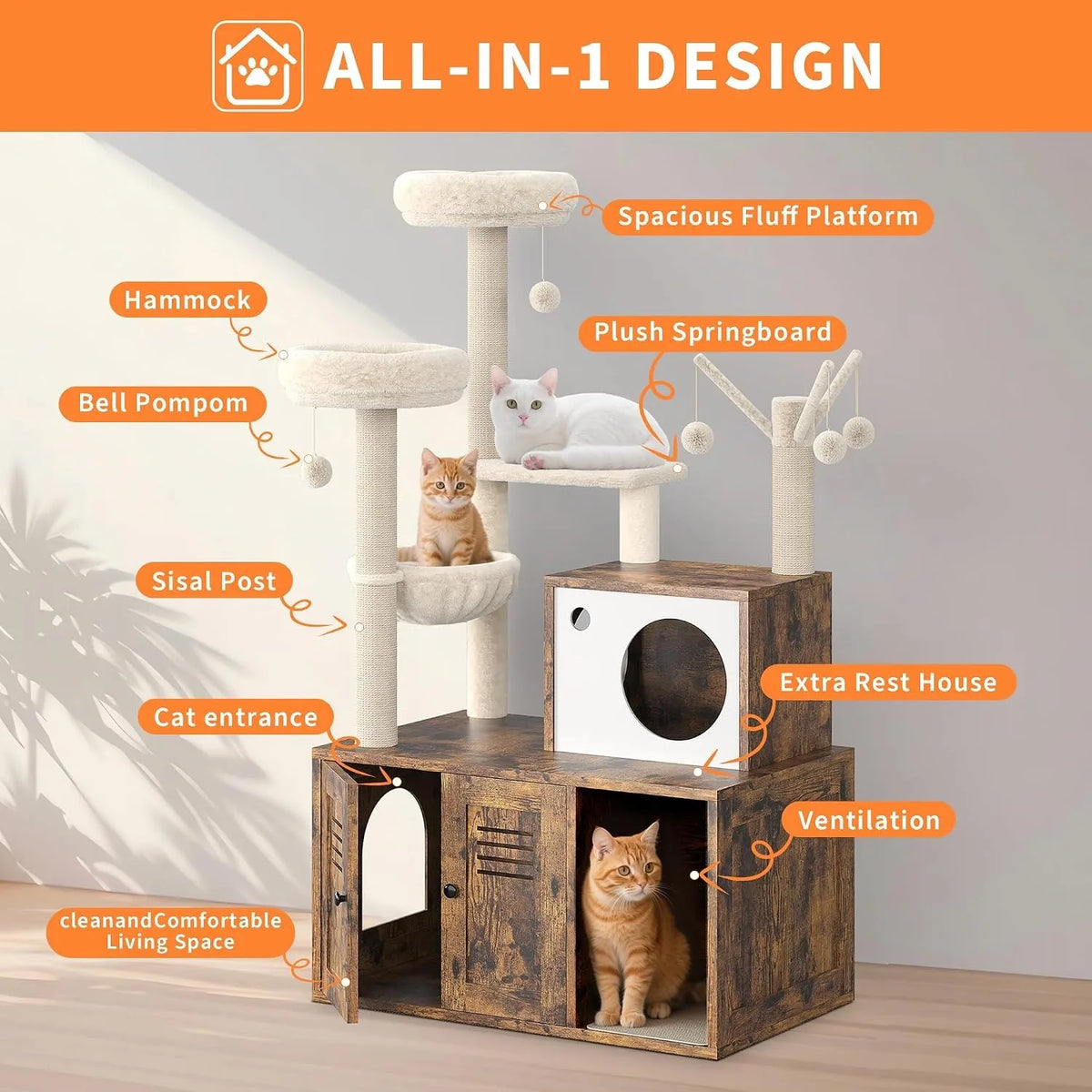 Tour pour chat tout-en-un avec hamac, pompon à clochette, ressort moelleux, poteau en sisal et maison supplémentaire ventilée
