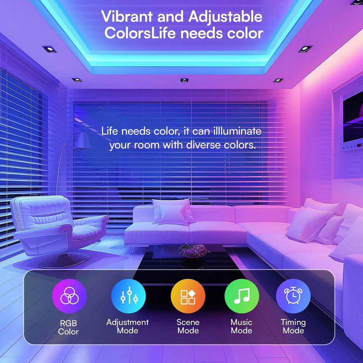 Innenaufnahme eines modernen Raumes, beleuchtet durch leuchtend lila und blaue LED-Streifen mit einstellbaren Farbmodi