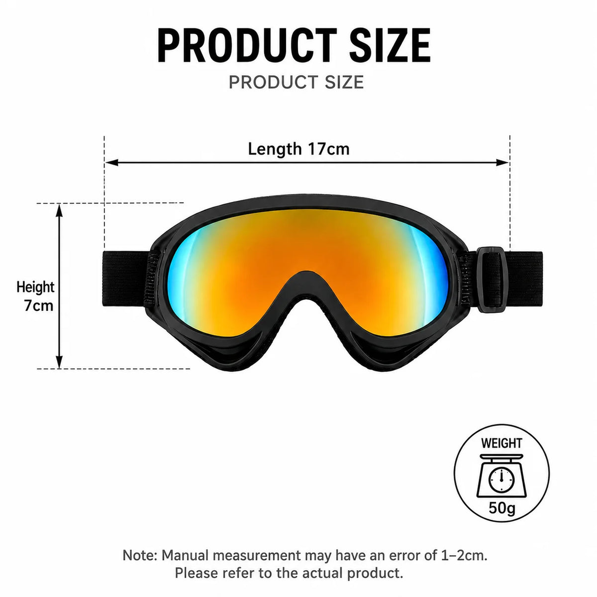 A pair of orange-tinted protective goggles with black frames shown for product size reference.