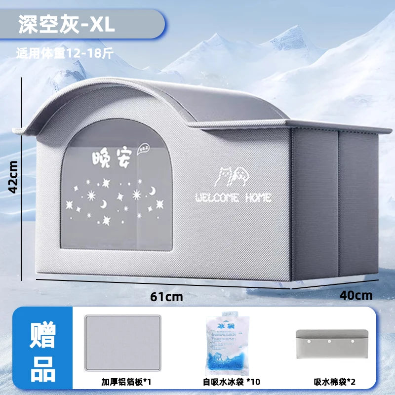 A gray portable cat cooling house with a transparent window, shown next to size measurements and accessories.