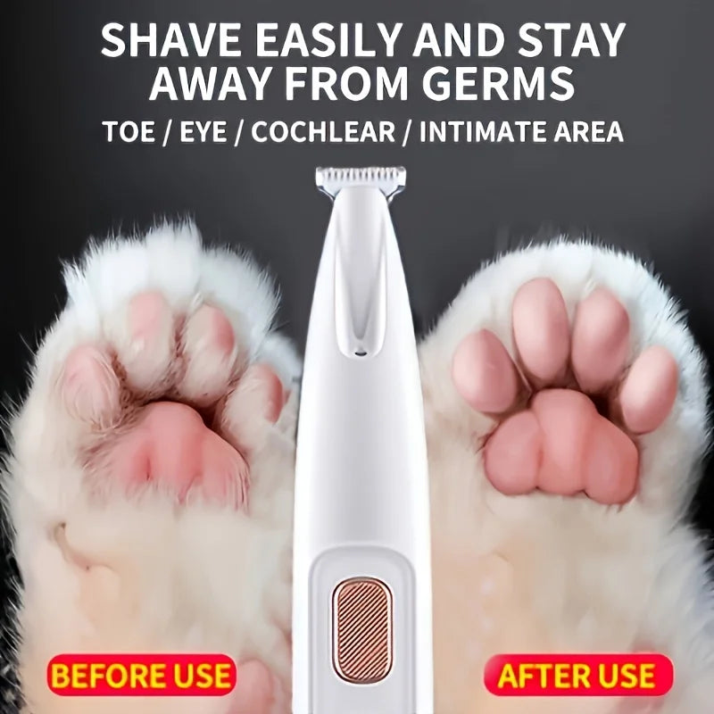 A white pet paw trimmer is shown with before and after usage examples on cat and dog paws.