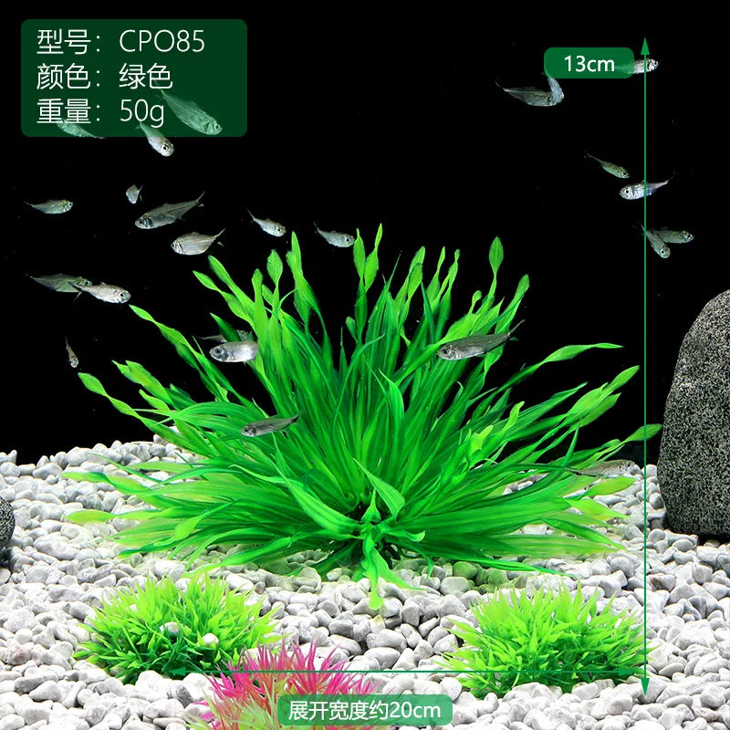 A clump of bright green artificial aquatic plants is shown next to a scale, with a 13cm measurement marker.