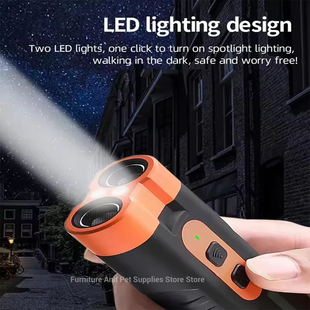 An orange LED spotlight device is shown being held, demonstrating its use for pet bark repulsion.
